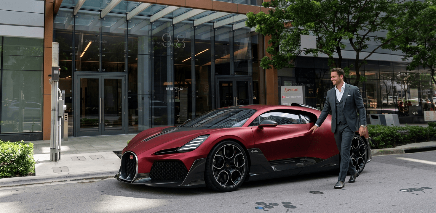 Now make it Bugatti Red, keep the person and the scene