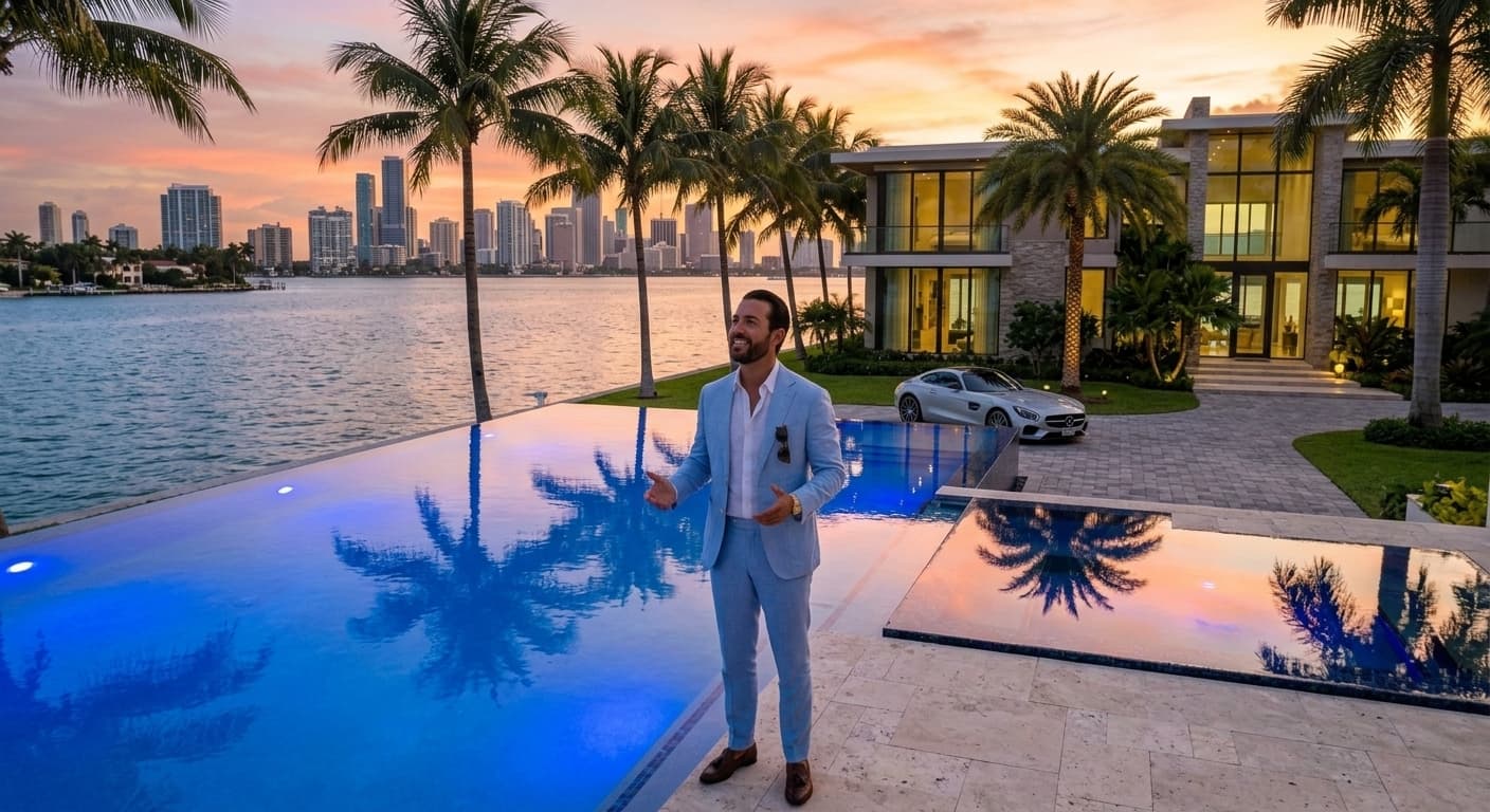 Infinity pool next to modern mansion