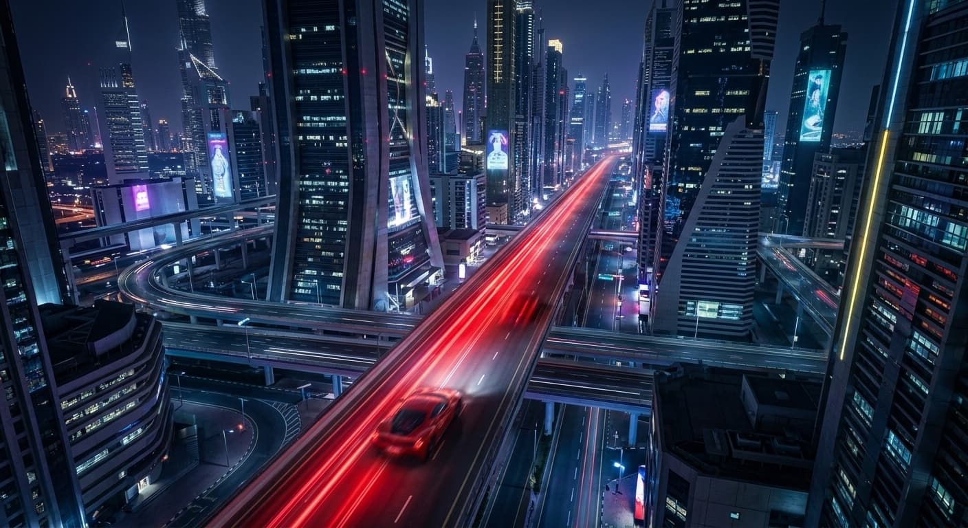 Futuristic city skyline at midnight