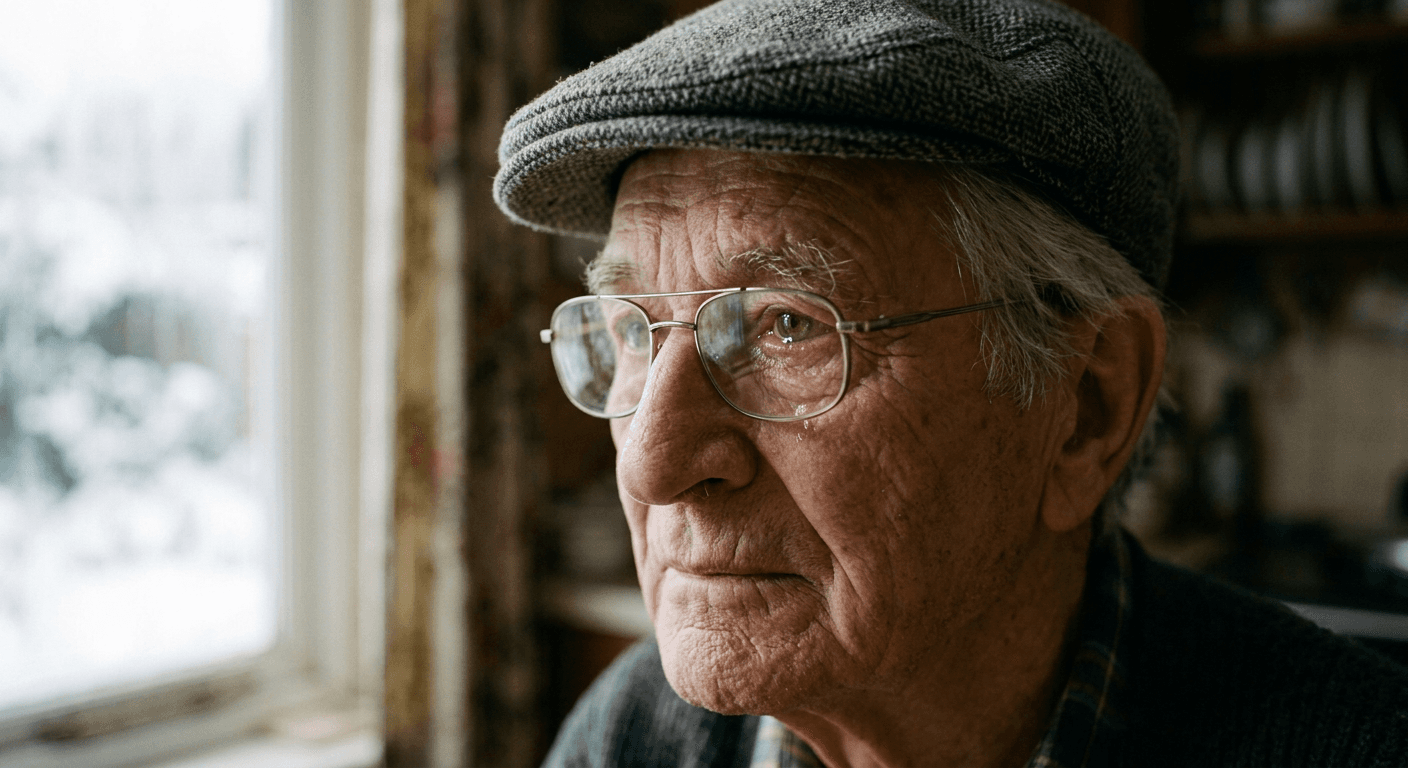 Close-up of an elderly man's face, wire-rimmed glasses catching the morning light