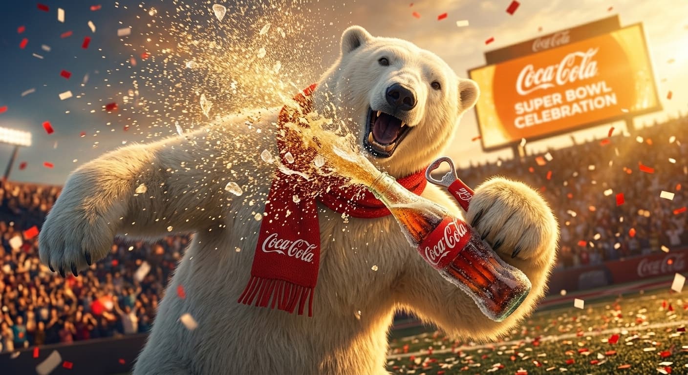 Polar bear cracking open a Coca-Cola bottle, golden hour lighting