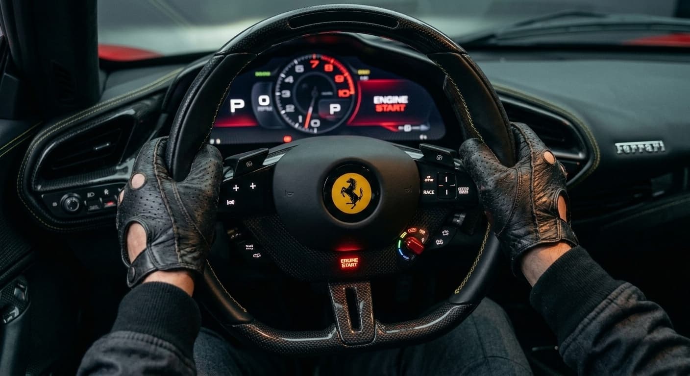 Leather gloves gripping steering wheel