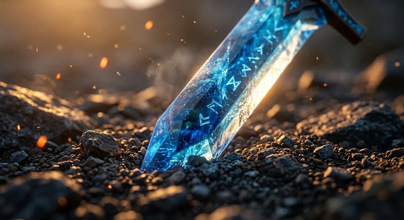 Translucent blue crystal broadsword glowing with magical energy