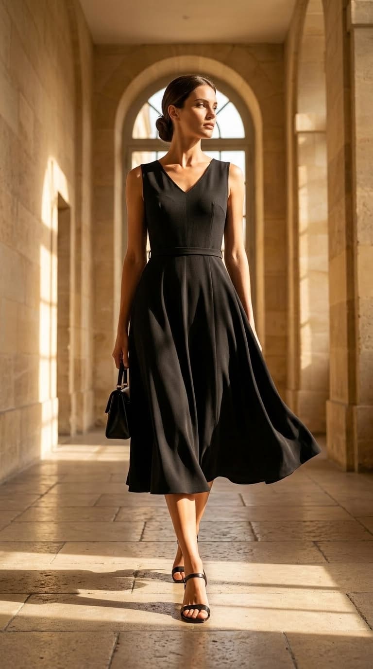 Stylish woman walking powerfully down a sunlit stone hallway, fashion editorial