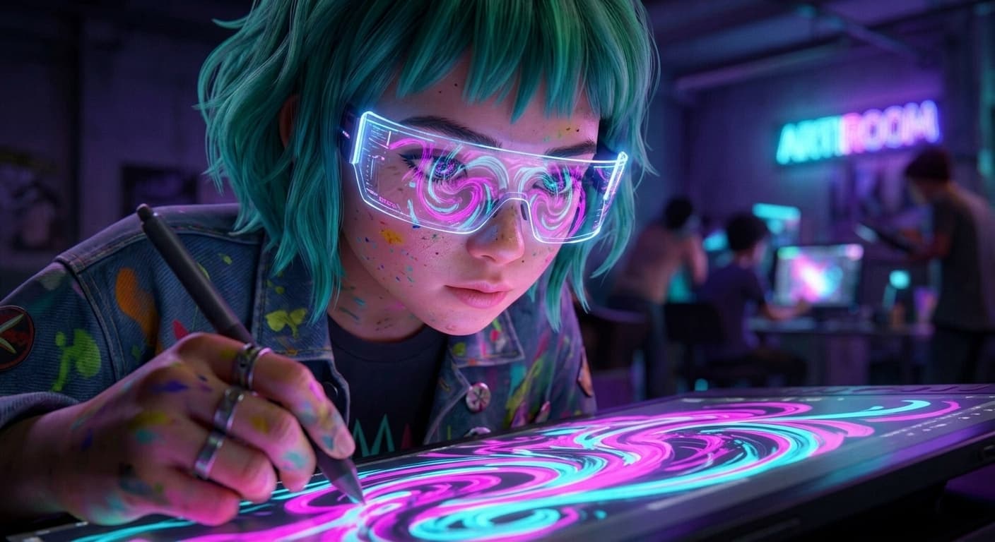 Artist face lit by colorful screen glow