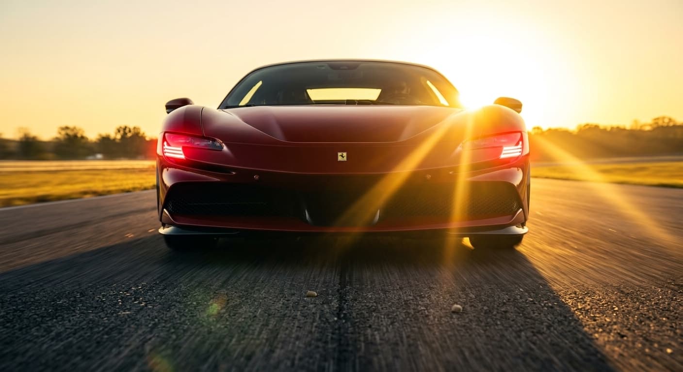 Low angle shot of a glowing red Ferrari, aggressive stance, cinematic lighting