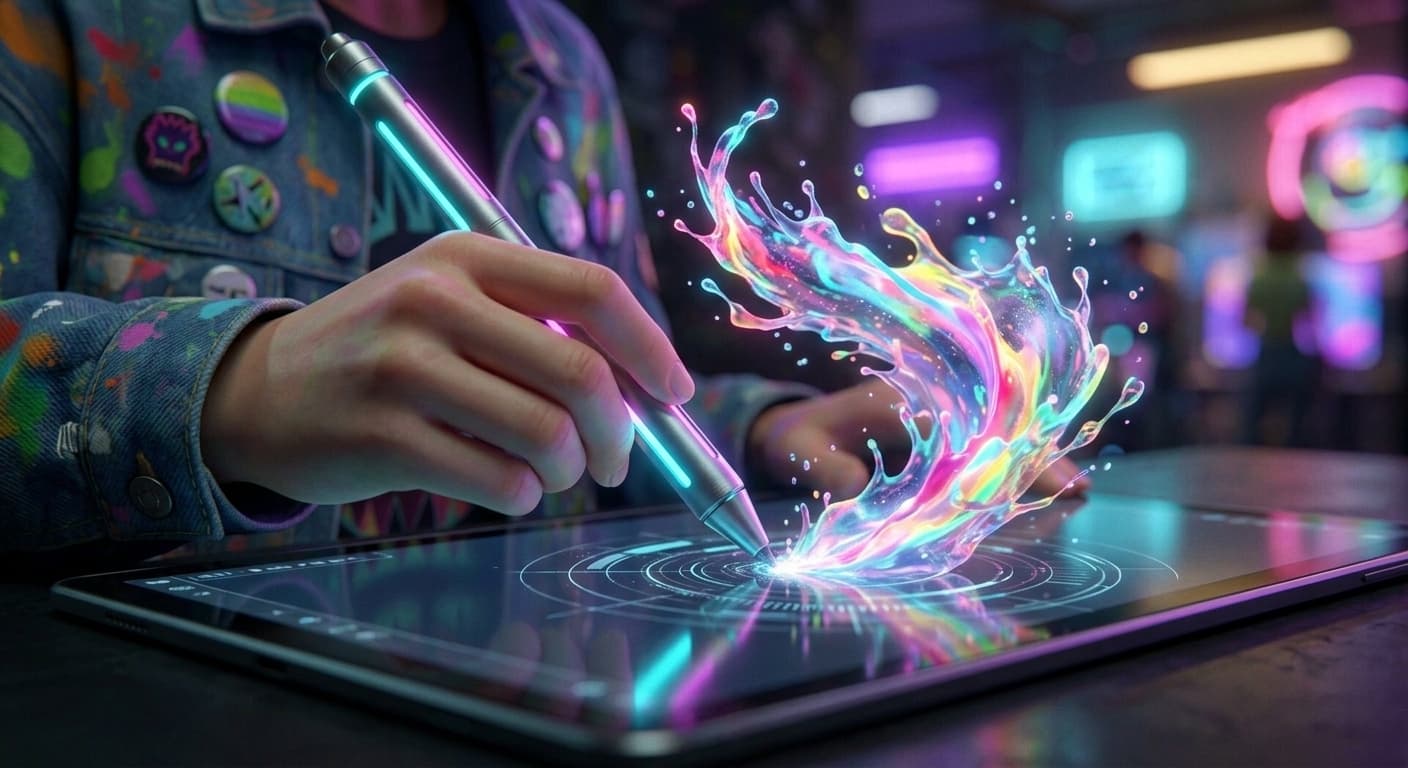 Futuristic stylus pressing onto a glass tablet, ripple of light spreading