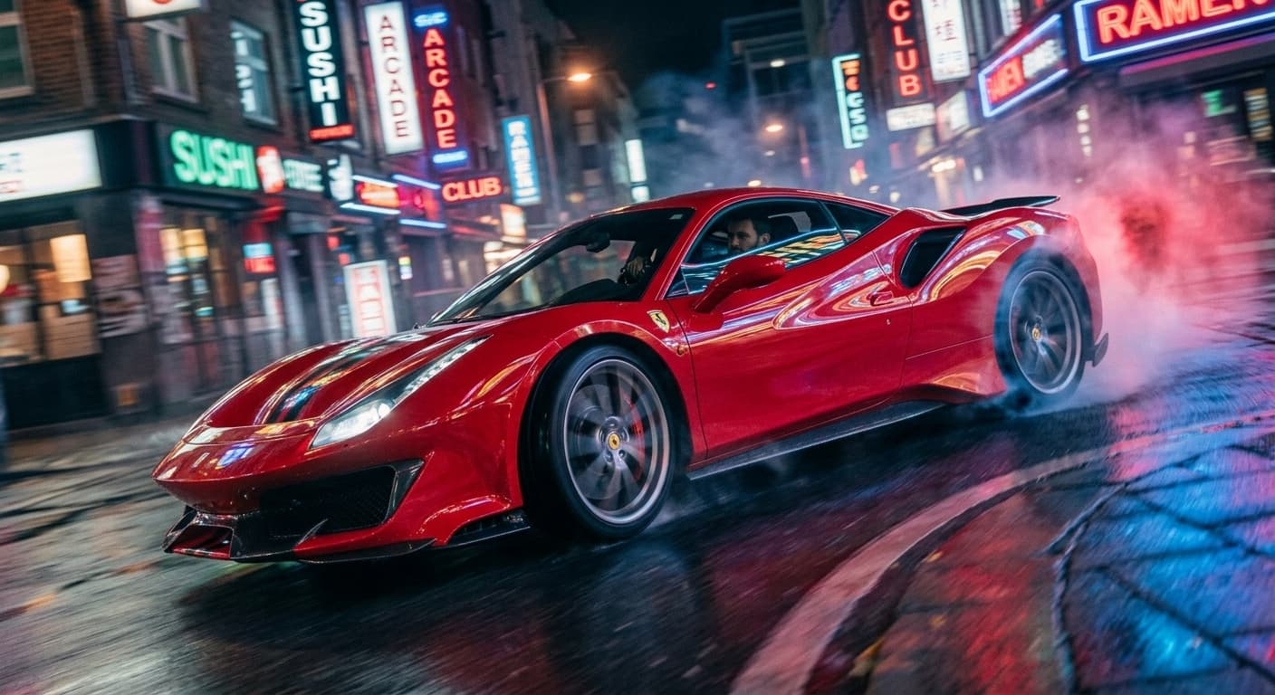 Ferrari drifting around a sharp corner, dynamic tilt, cinematic motion