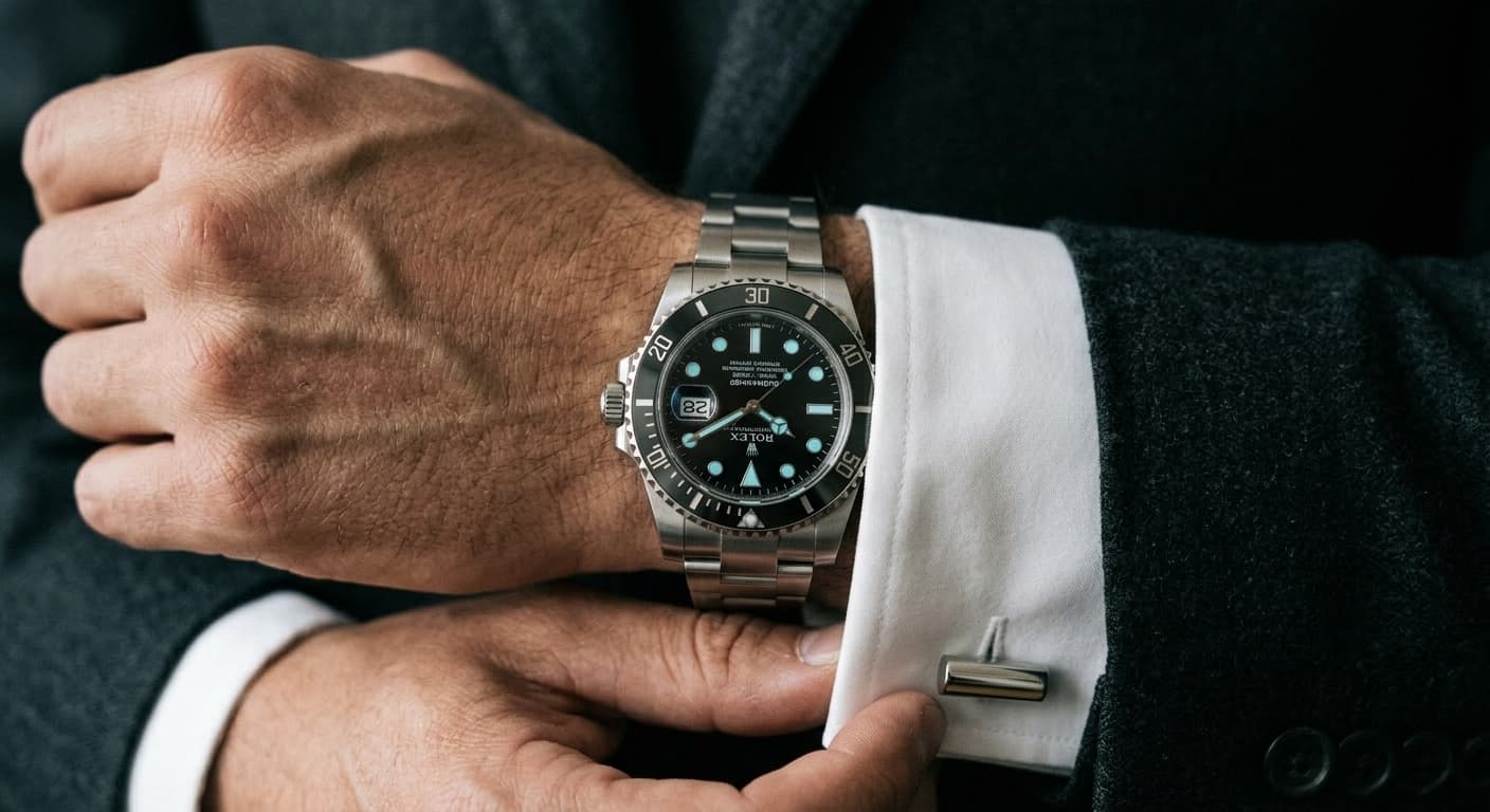 Hand adjusting a silver cufflink on a crisp white shirt, luxury detail
