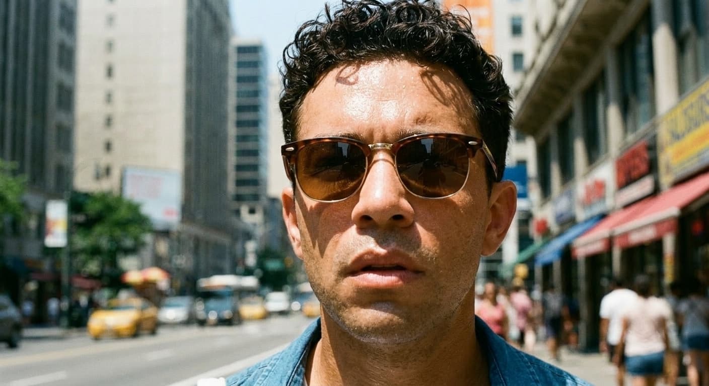 Young man in retro sunglasses, beads of sweat, summer heat portrait