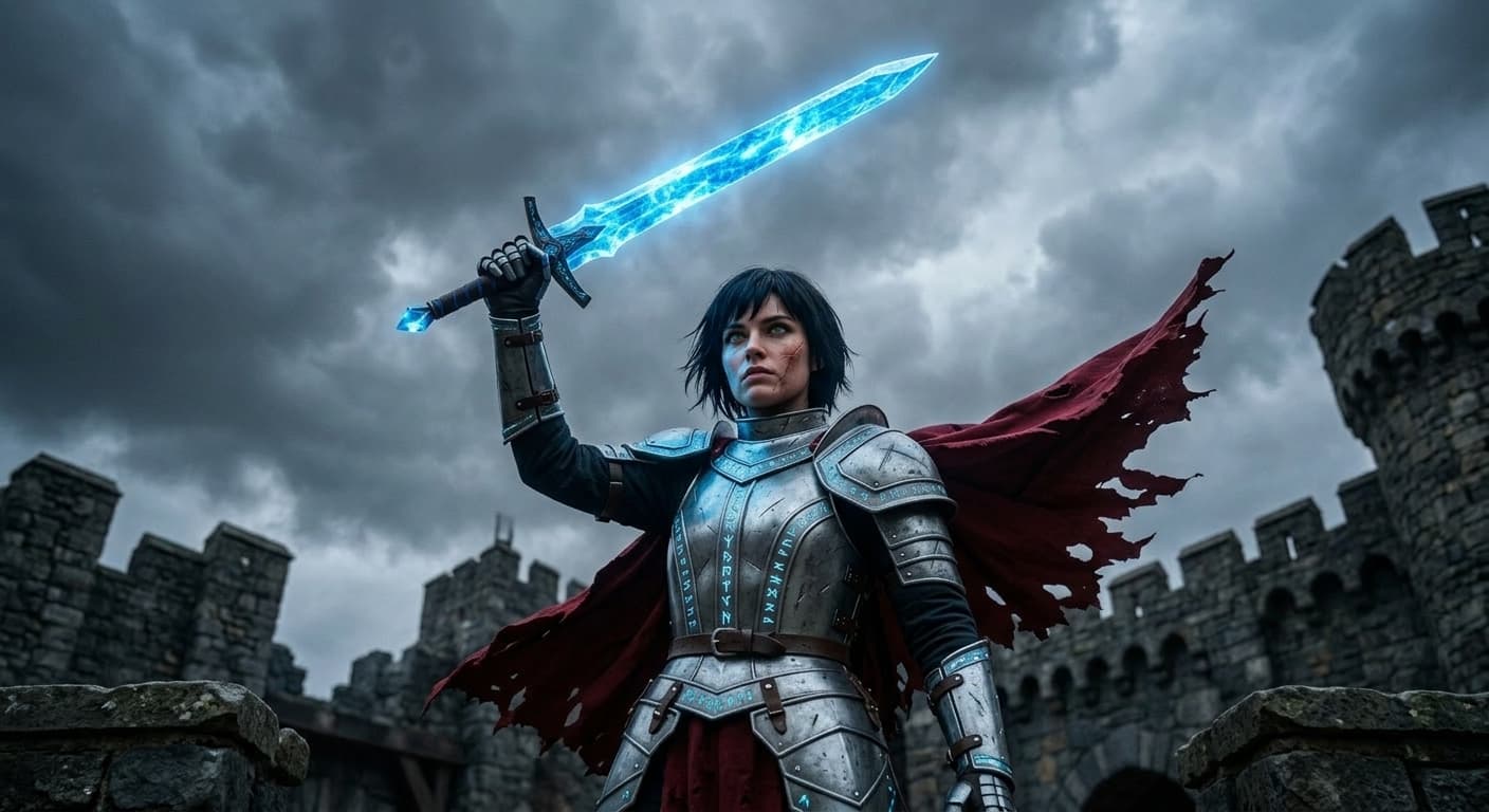 Heroic female knight in glowing silver armor, red cape flowing in the wind